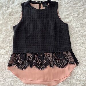 Anthropologie Greylin Black Textured Top with Pink Lace Hem Size S